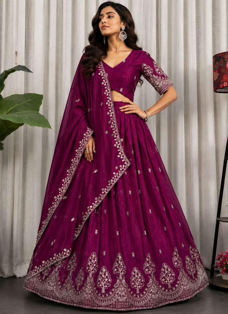 Rani Pink Thread Embroidered Chinon Silk Function Wear Lehenga Choli