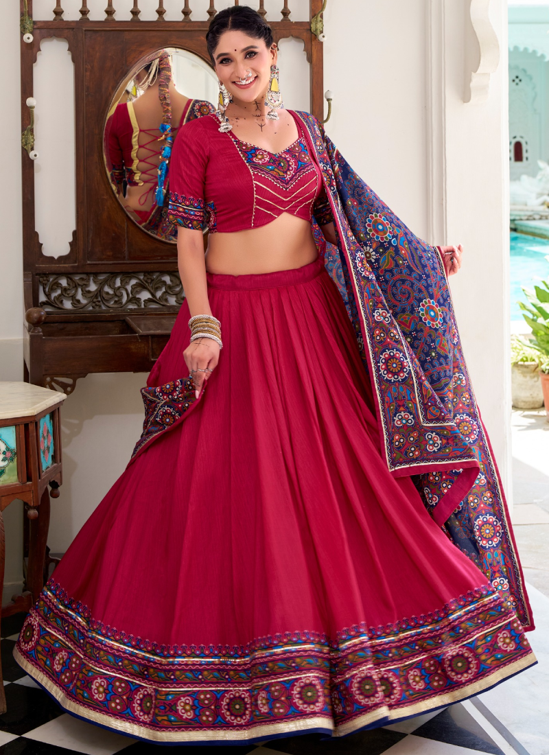 Rani Pink Tussar Silk Gamthi Print Ghagra Choli For Navratri
