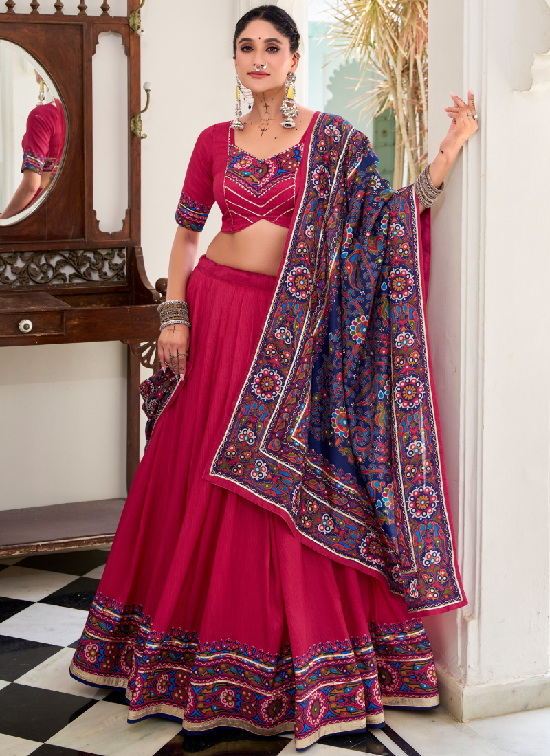 Rani Pink Tussar Silk Gamthi Print Ghagra Choli For Navratri