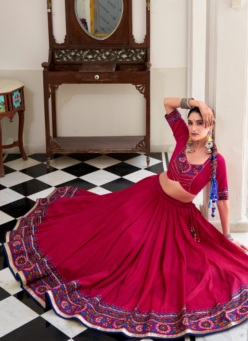 Rani Pink Tussar Silk Gamthi Print Ghagra Choli For Navratri