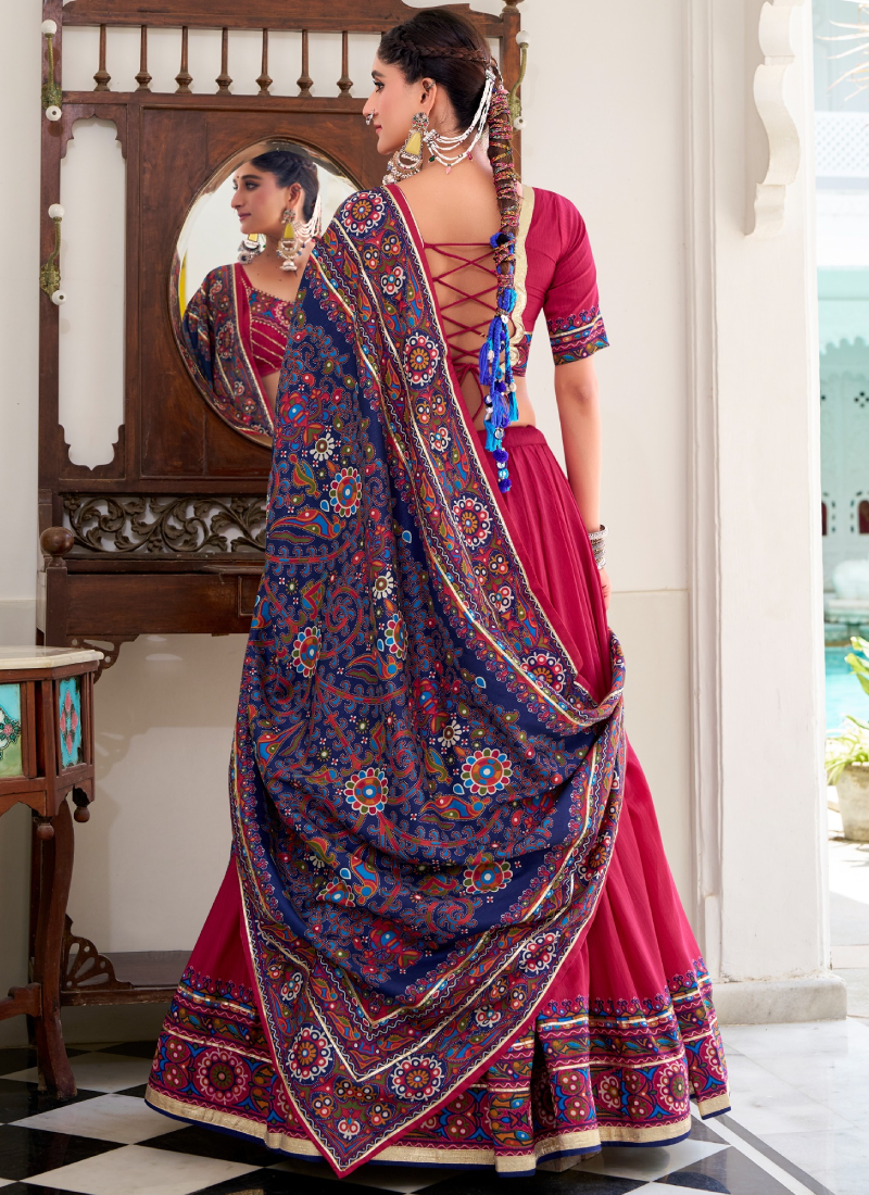 Rani Pink Tussar Silk Gamthi Print Ghagra Choli For Navratri