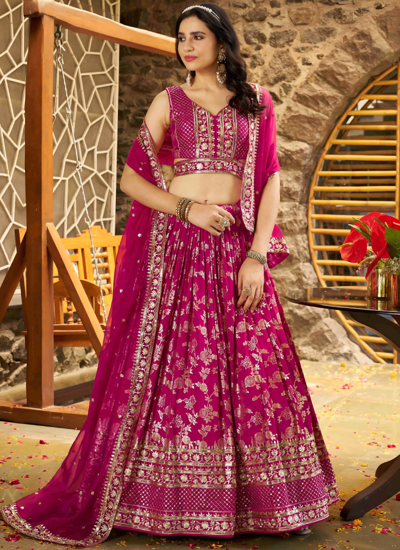 Rani Pink Zari Sequence Embroidered Silk Lehenga Choli With Dupatta