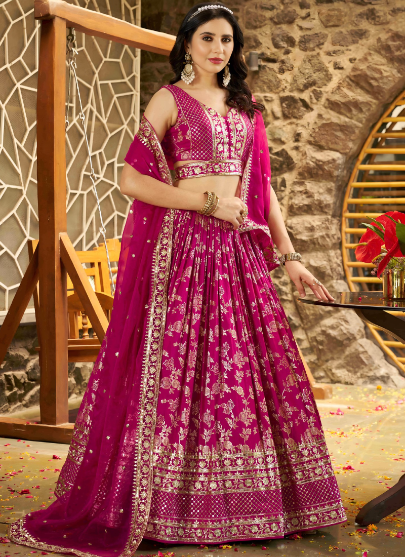 Rani Pink Zari Sequence Embroidered Silk Lehenga Choli With Dupatta