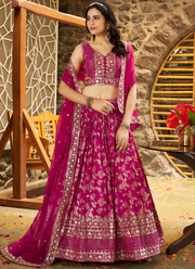 Rani Pink Zari Sequence Embroidered Silk Lehenga Choli With Dupatta
