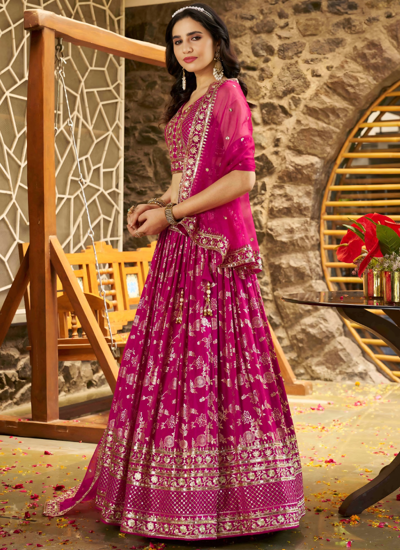 Rani Pink Zari Sequence Embroidered Silk Lehenga Choli With Dupatta