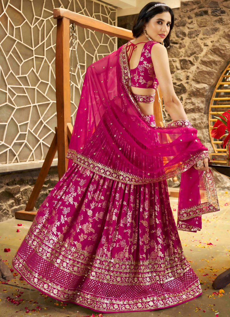 Rani Pink Zari Sequence Embroidered Silk Lehenga Choli With Dupatta