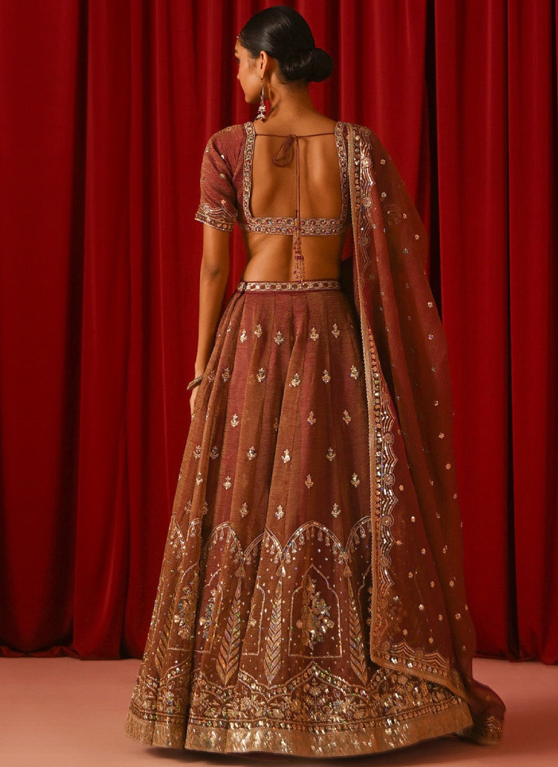 Ravishing Rust Brown Zari Sequence Fandy Silk Lehenga Choli For Women
