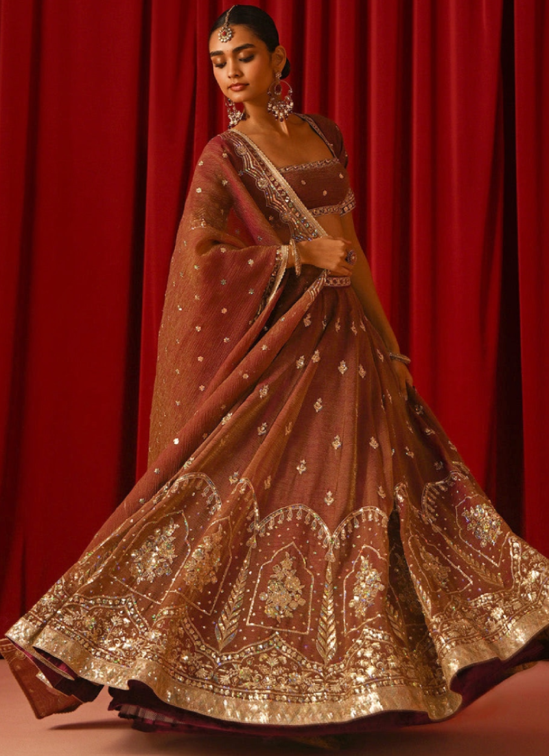 Ravishing Rust Brown Zari Sequence Fandy Silk Lehenga Choli For Women