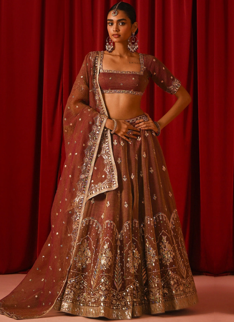 Ravishing Rust Brown Zari Sequence Fandy Silk Lehenga Choli For Women