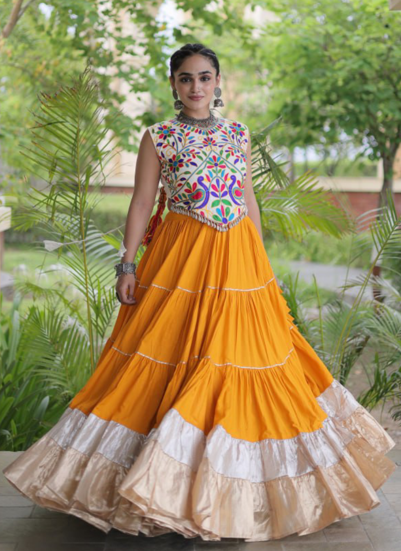 Rayon Yellow Kutchi Work Ready To Wear Frill Navratri Lehenga Choli