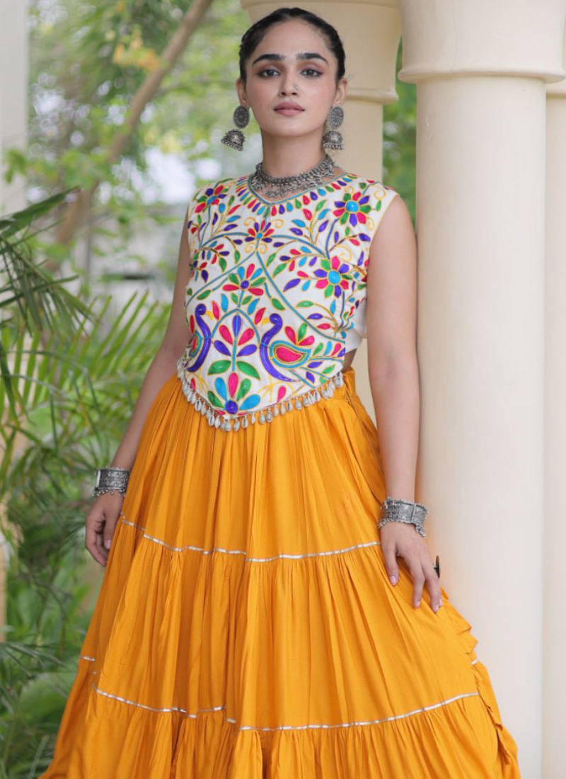 Rayon Yellow Kutchi Work Ready To Wear Frill Navratri Lehenga Choli