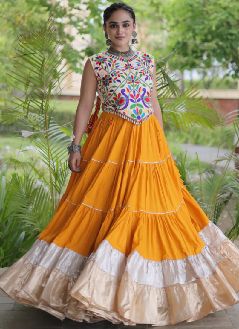 Rayon Yellow Kutchi Work Ready To Wear Frill Navratri Lehenga Choli