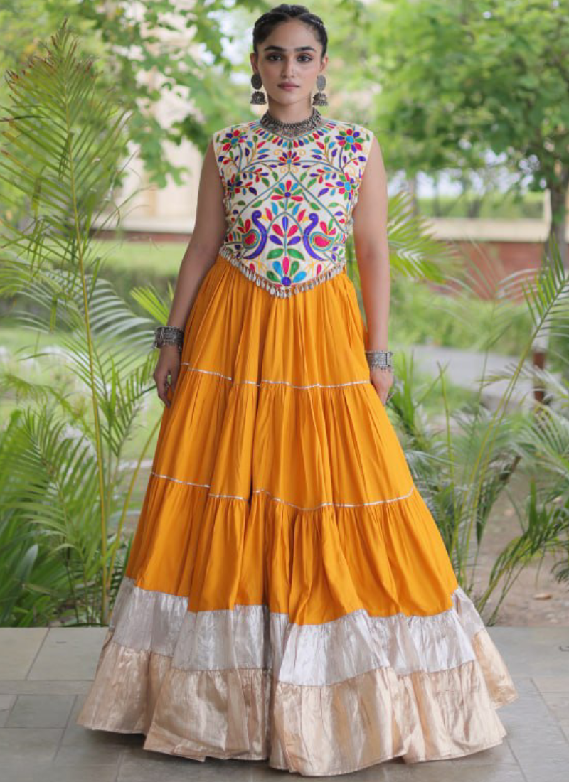 Rayon Yellow Kutchi Work Ready To Wear Frill Navratri Lehenga Choli