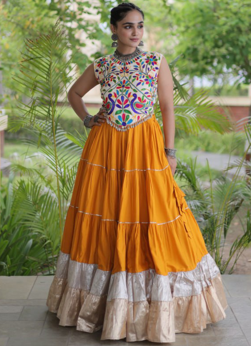 Rayon Yellow Kutchi Work Ready To Wear Frill Navratri Lehenga Choli