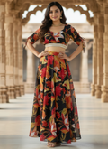 Ready To Wear Floral Digital Printed Black Georgette Lehenga Choli Set