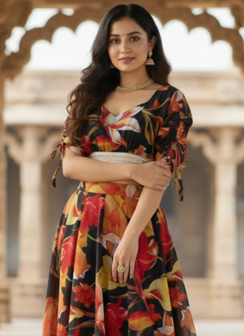 Ready To Wear Floral Digital Printed Black Georgette Lehenga Choli Set