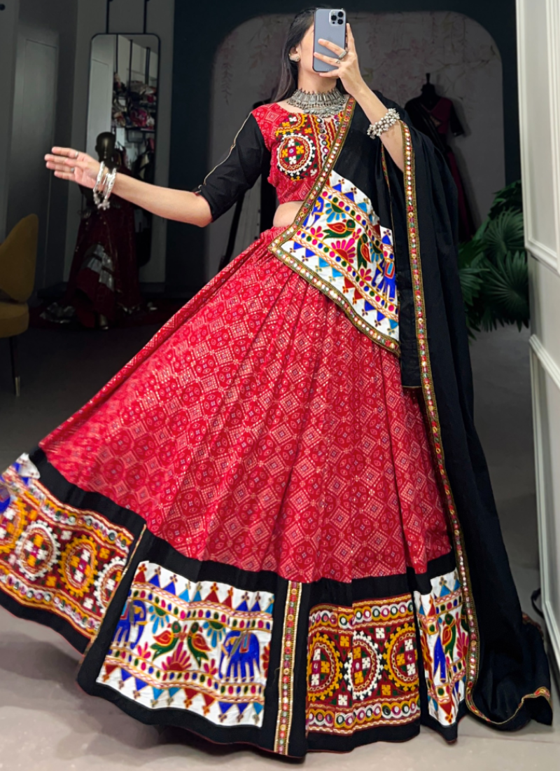 Ready To Wear Navratri Special Red Cotton Printed Gamthi Lehenga Choli