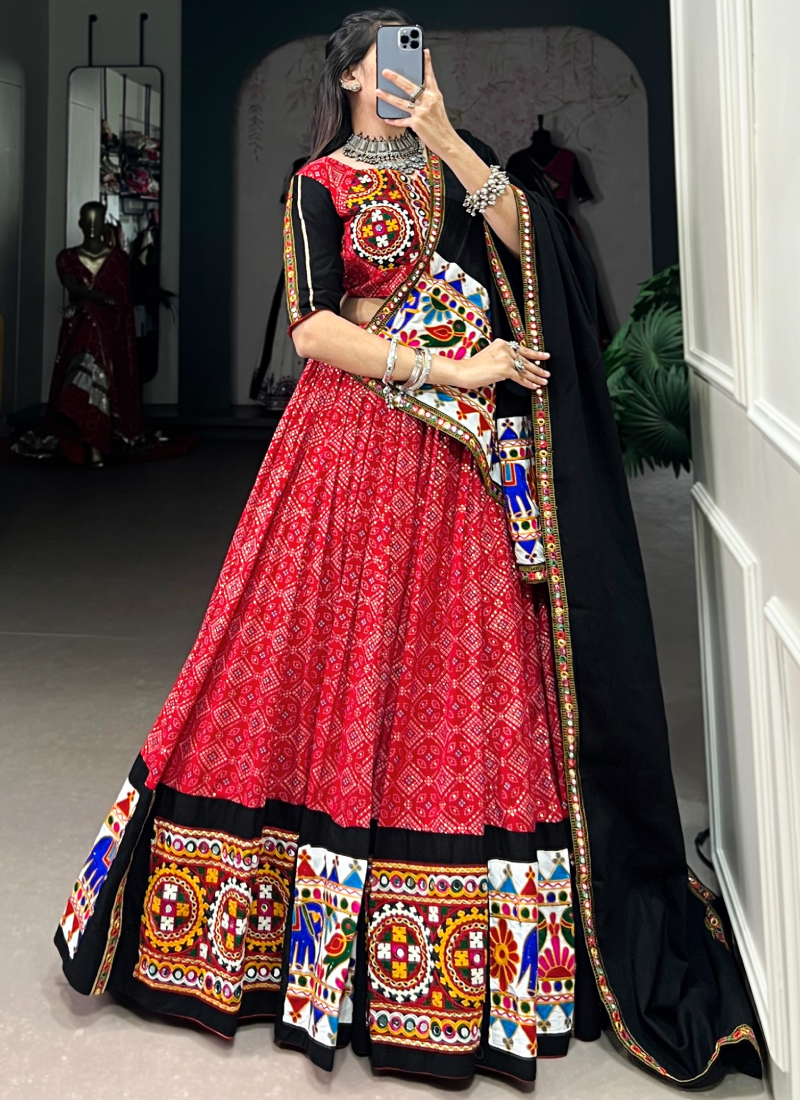 Ready To Wear Navratri Special Red Cotton Printed Gamthi Lehenga Choli