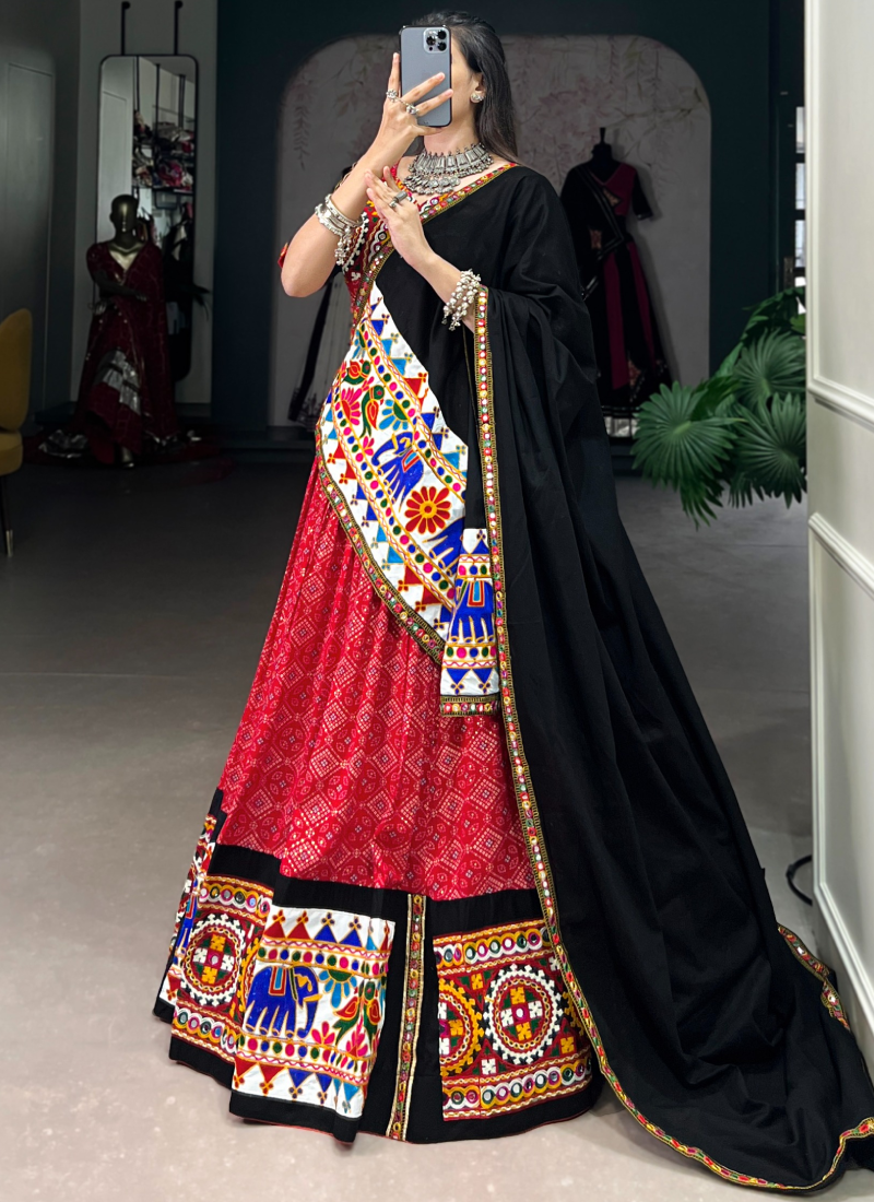 Ready To Wear Navratri Special Red Cotton Printed Gamthi Lehenga Choli