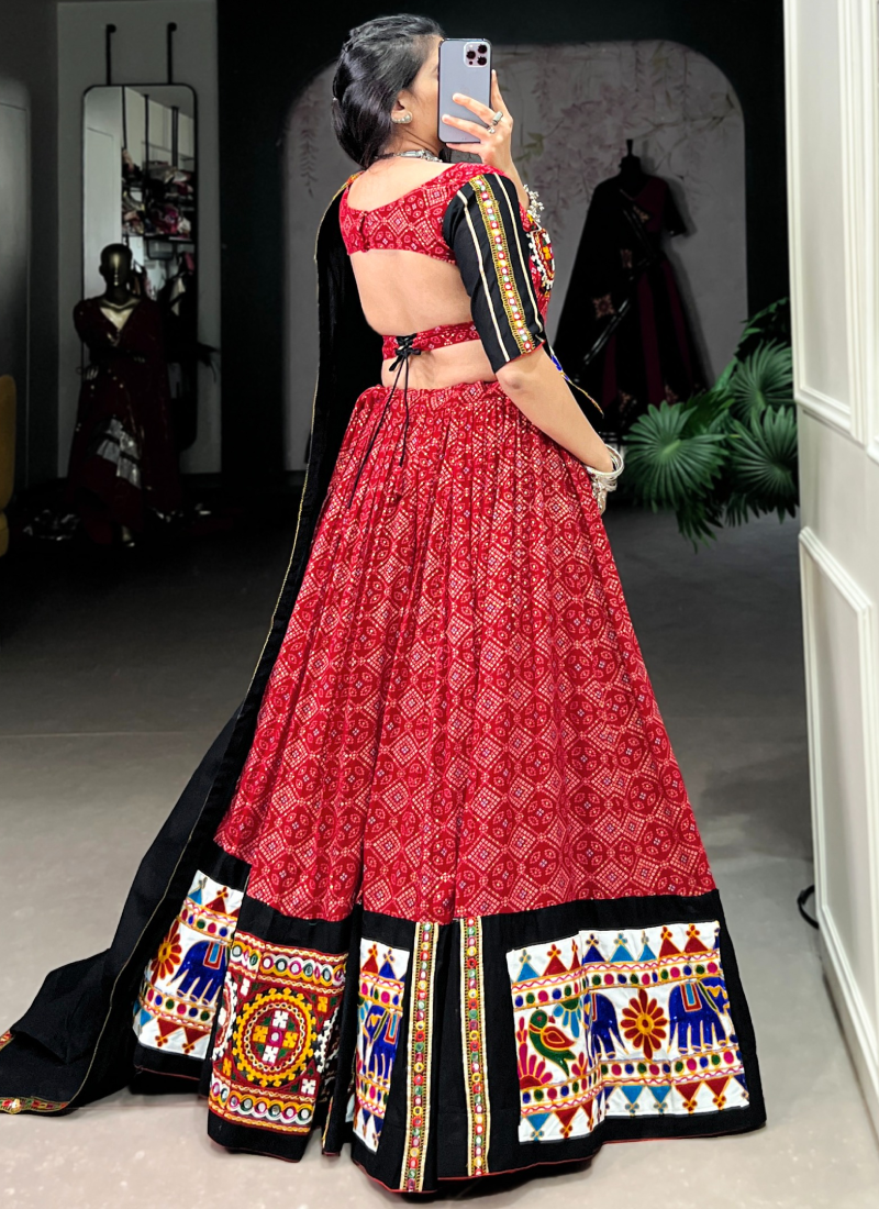 Ready To Wear Navratri Special Red Cotton Printed Gamthi Lehenga Choli