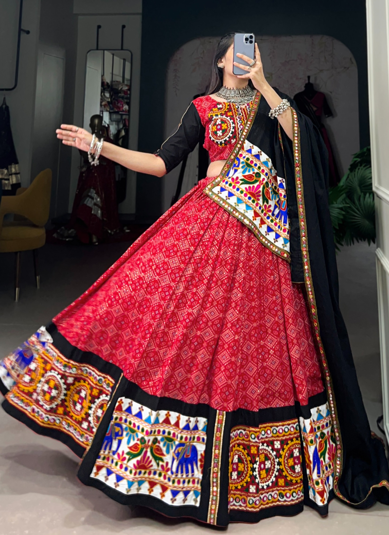 Ready To Wear Navratri Special Red Cotton Printed Gamthi Lehenga Choli