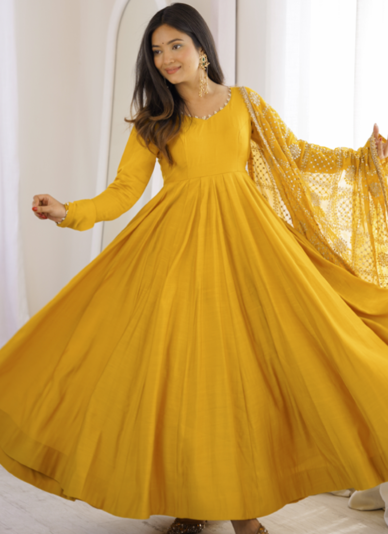 Ready To Wear Pure Roman SilkYellow  Sequence Embroidred Anarkali Gown