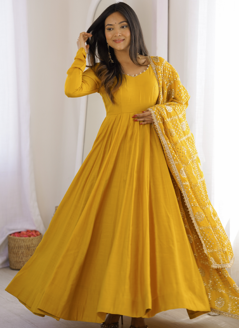 Ready To Wear Pure Roman SilkYellow  Sequence Embroidred Anarkali Gown