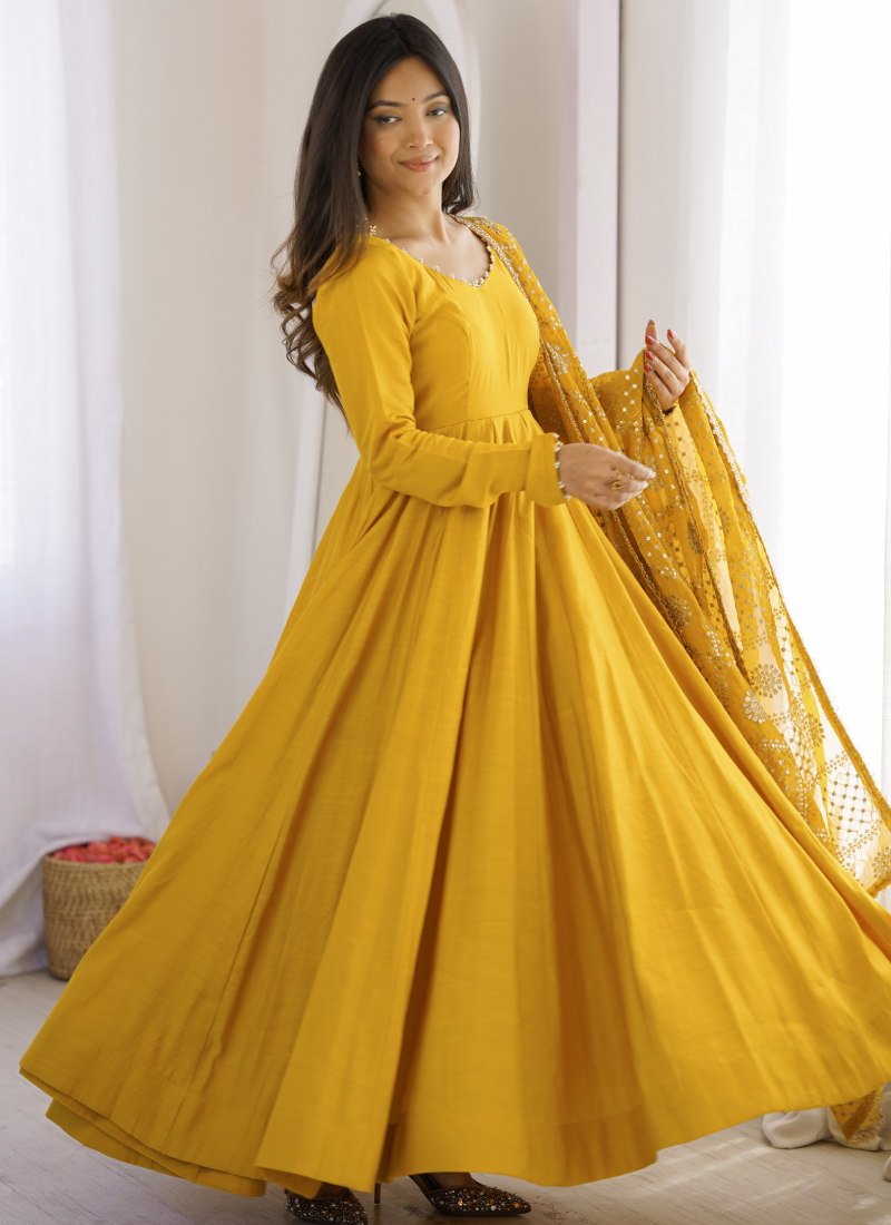 Ready To Wear Pure Roman SilkYellow  Sequence Embroidred Anarkali Gown