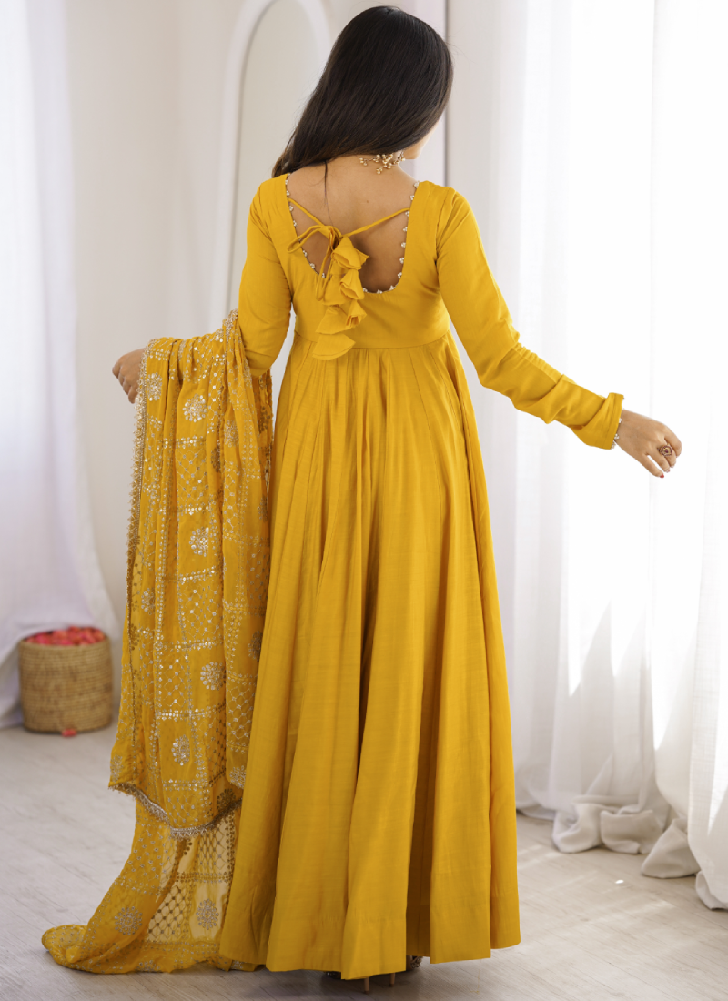 Ready To Wear Pure Roman SilkYellow  Sequence Embroidred Anarkali Gown