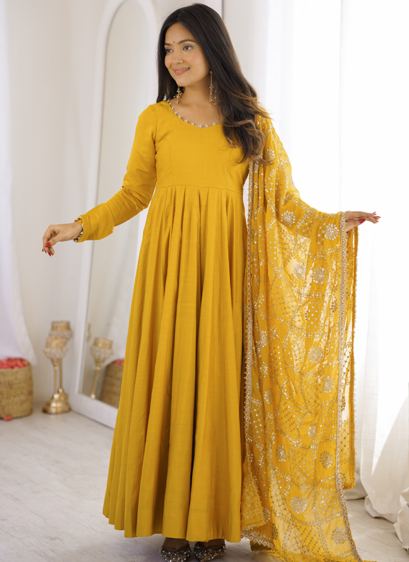 Ready To Wear Pure Roman SilkYellow  Sequence Embroidred Anarkali Gown