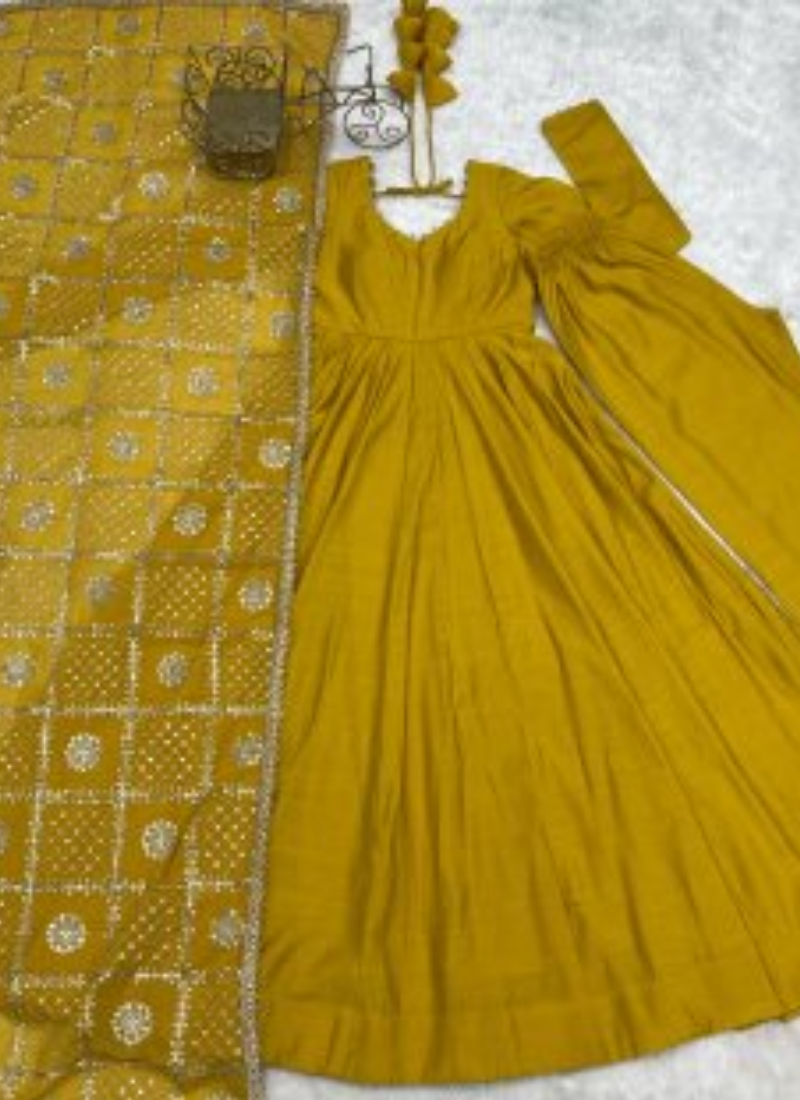 Ready To Wear Pure Roman SilkYellow  Sequence Embroidred Anarkali Gown