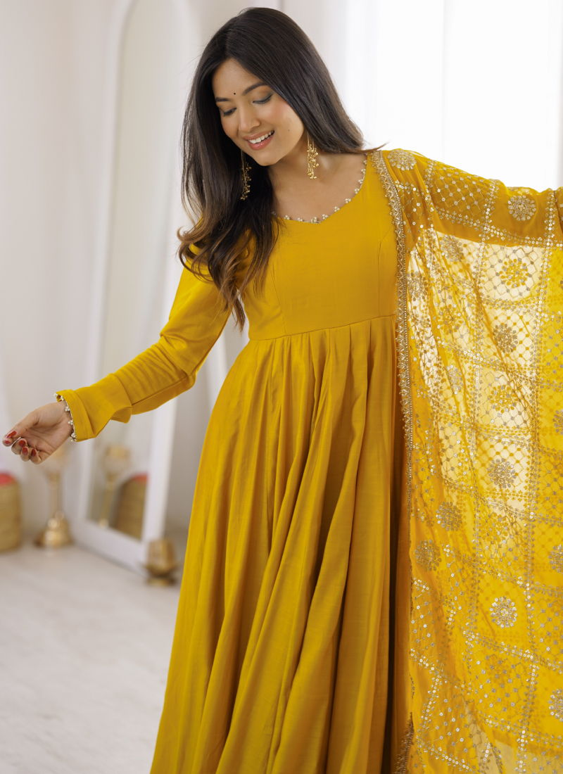 Ready To Wear Pure Roman SilkYellow  Sequence Embroidred Anarkali Gown