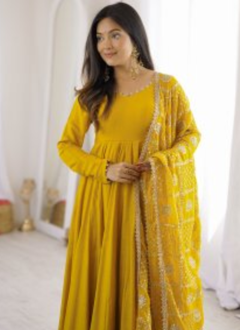 Ready To Wear Pure Roman SilkYellow  Sequence Embroidred Anarkali Gown