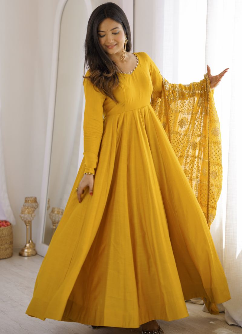 Ready To Wear Pure Roman SilkYellow  Sequence Embroidred Anarkali Gown