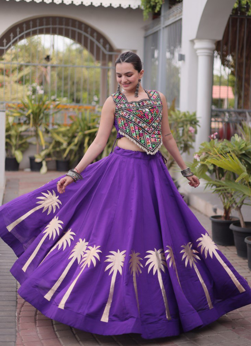 Ready To Wear Purple Roman Kutchi Embroidery Navratri Lehenga Choli
