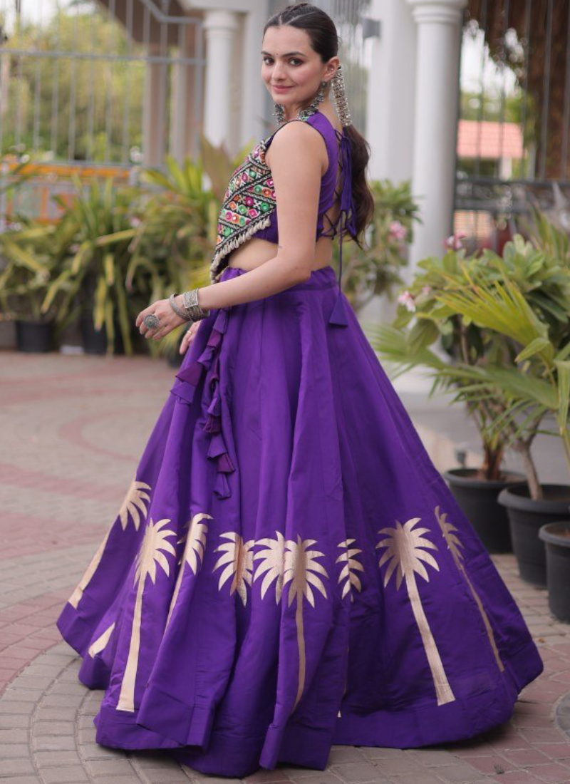 Ready To Wear Purple Roman Kutchi Embroidery Navratri Lehenga Choli