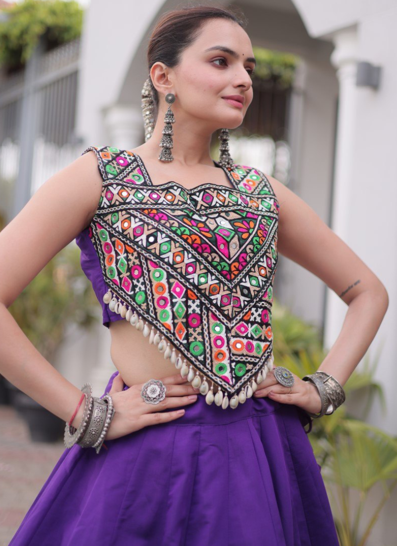 Ready To Wear Purple Roman Kutchi Embroidery Navratri Lehenga Choli