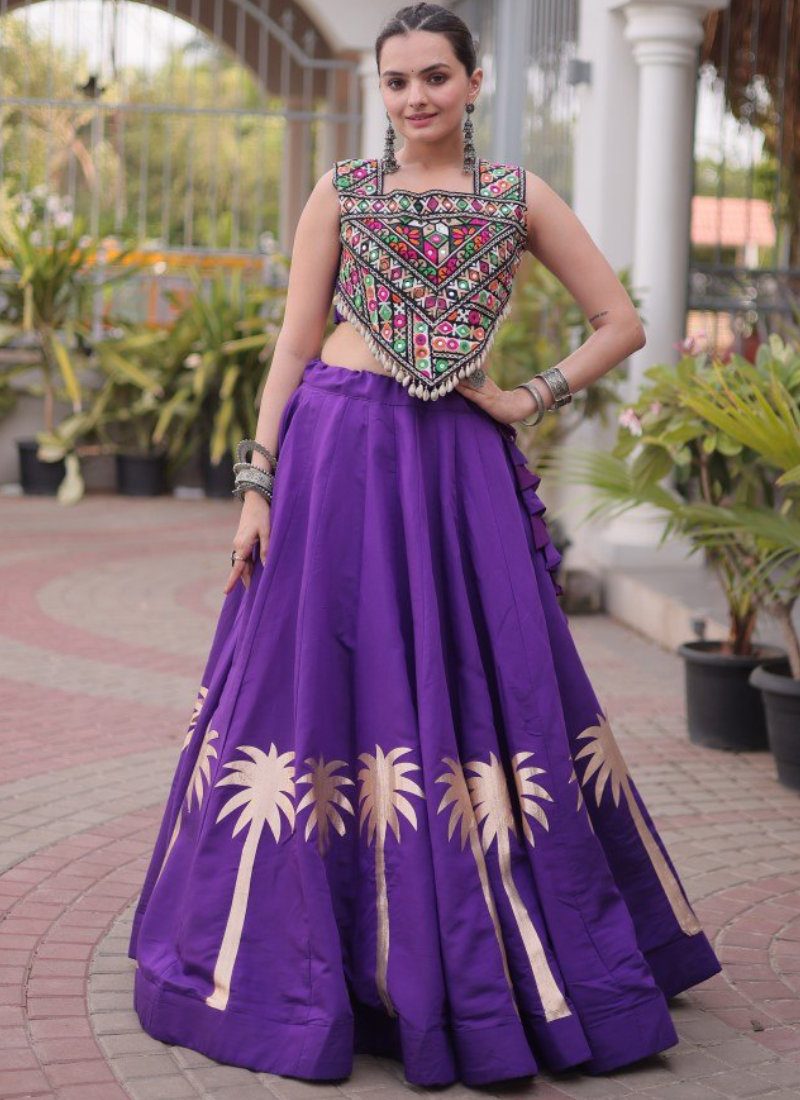 Ready To Wear Purple Roman Kutchi Embroidery Navratri Lehenga Choli