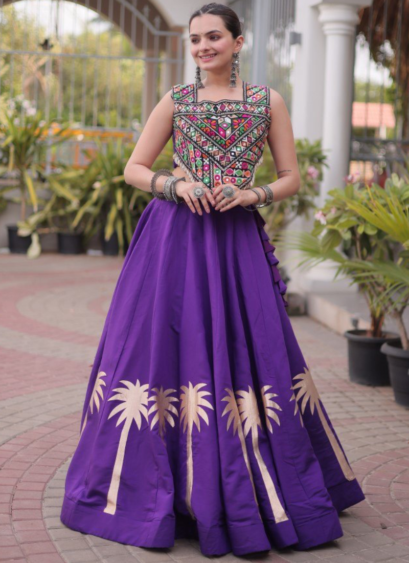 Ready To Wear Purple Roman Kutchi Embroidery Navratri Lehenga Choli