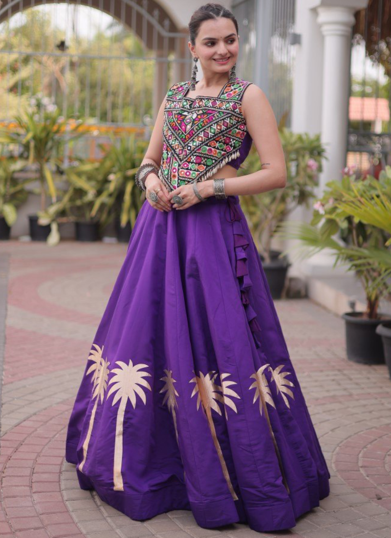 Ready To Wear Purple Roman Kutchi Embroidery Navratri Lehenga Choli