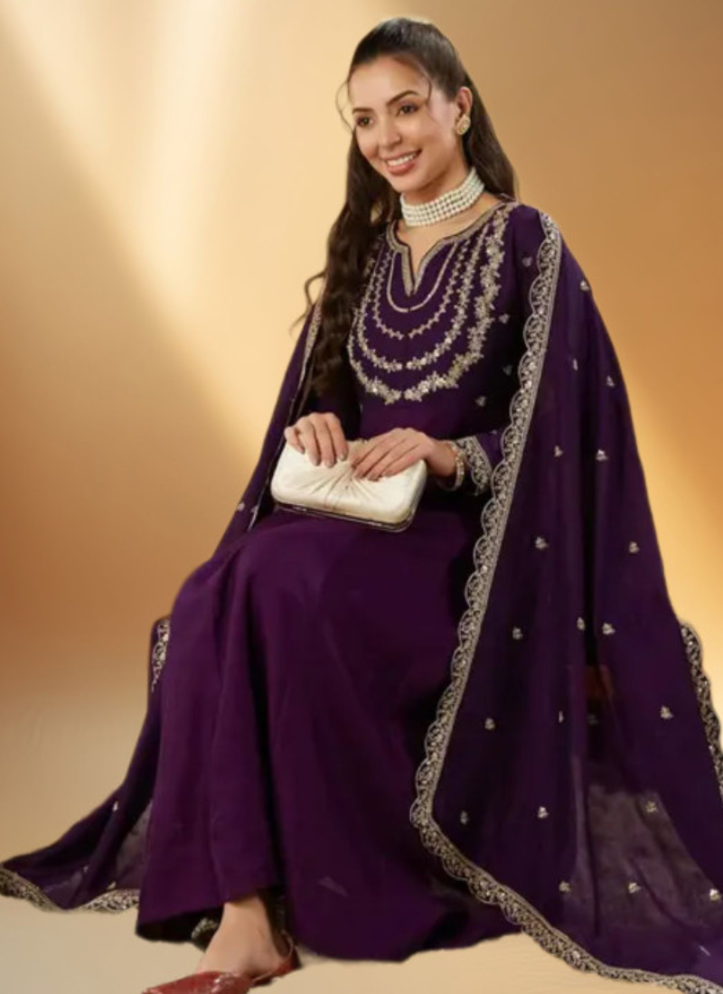 Ready To Wear Purple Zari Embroidered Anarkali Trousers With Dupatta