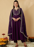 Ready To Wear Purple Zari Embroidered Anarkali Trousers With Dupatta