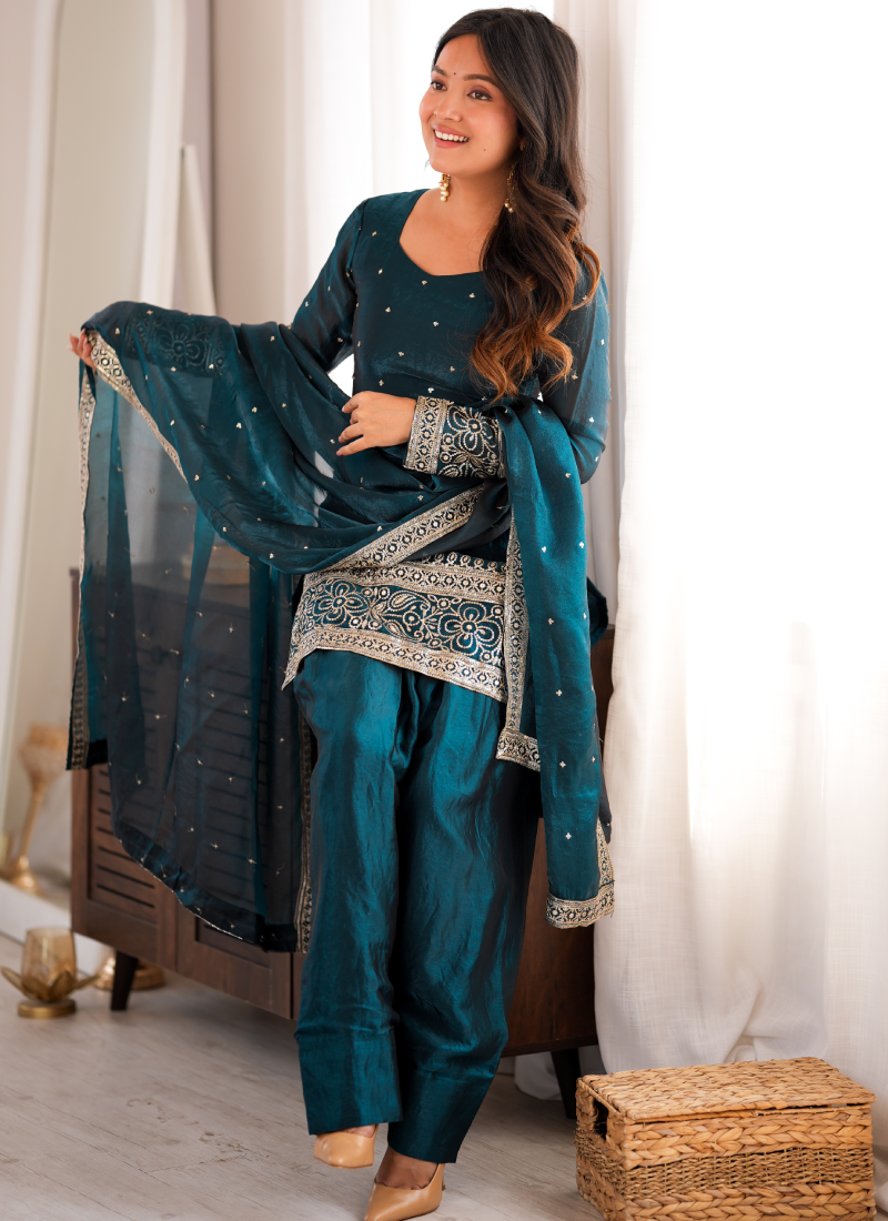 Ready To Wear Zari Embroidered Teal Blue Fandy Silk Farshi Salwar Set