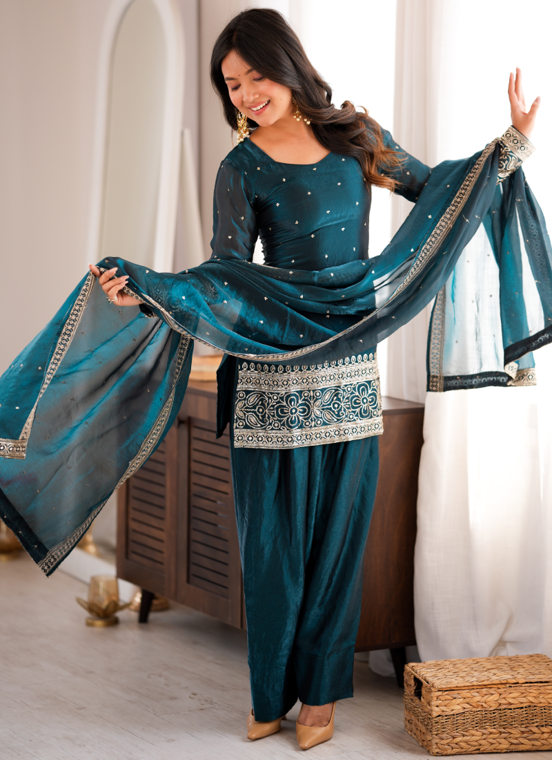 Ready To Wear Zari Embroidered Teal Blue Fandy Silk Farshi Salwar Set