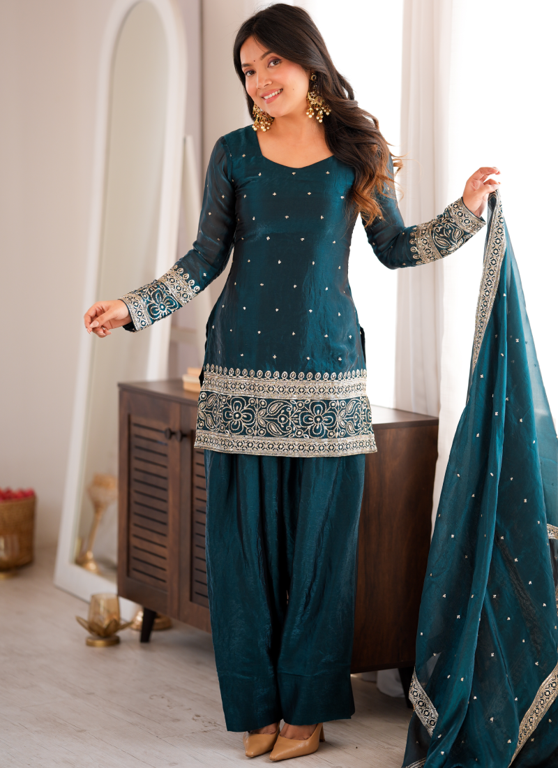 Ready To Wear Zari Embroidered Teal Blue Fandy Silk Farshi Salwar Set