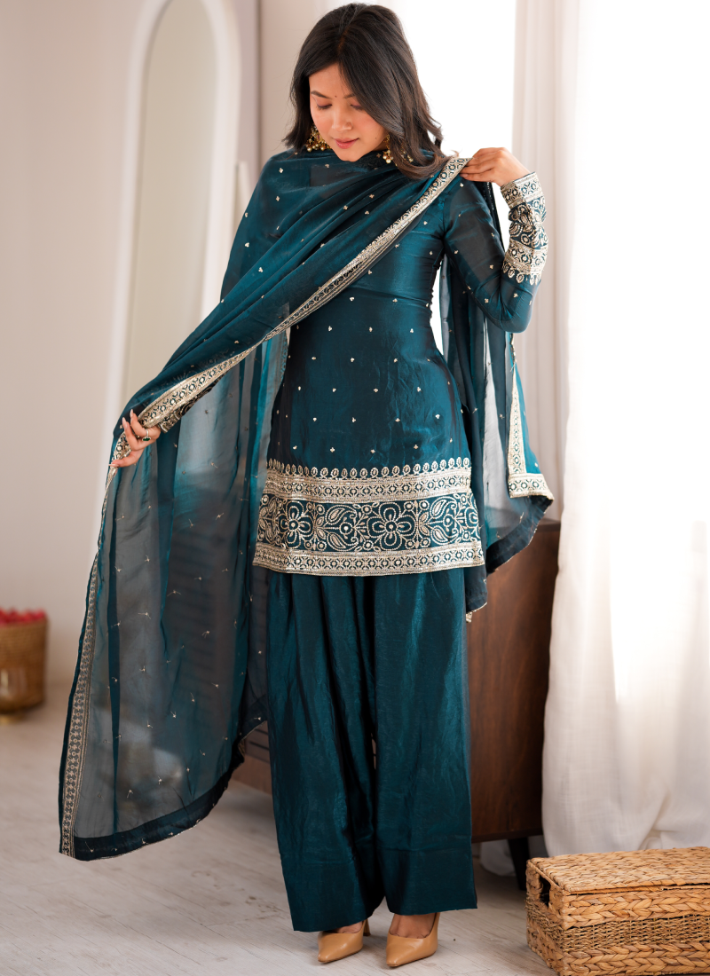 Ready To Wear Zari Embroidered Teal Blue Fandy Silk Farshi Salwar Set