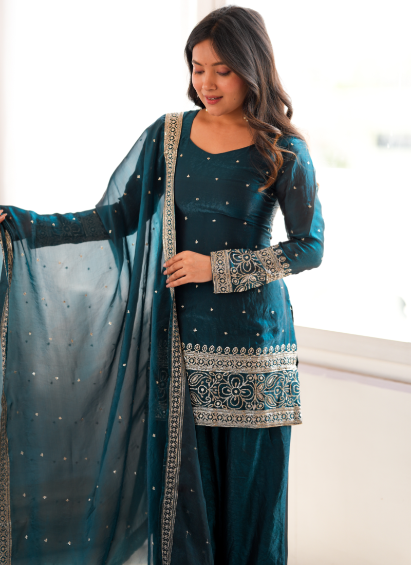 Ready To Wear Zari Embroidered Teal Blue Fandy Silk Farshi Salwar Set