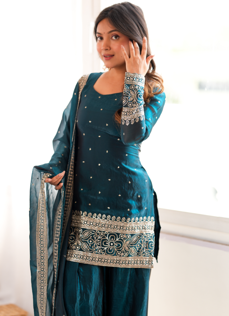 Ready To Wear Zari Embroidered Teal Blue Fandy Silk Farshi Salwar Set