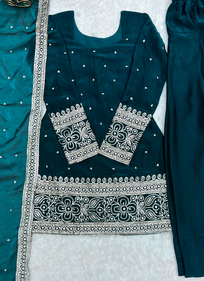 Ready To Wear Zari Embroidered Teal Blue Fandy Silk Farshi Salwar Set