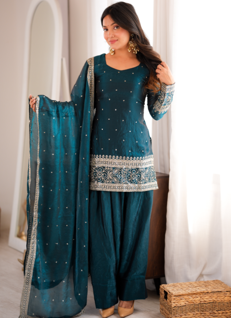 Ready To Wear Zari Embroidered Teal Blue Fandy Silk Farshi Salwar Set